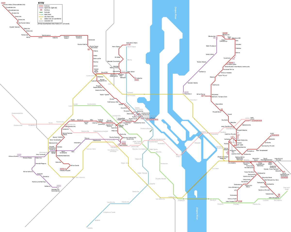 Mapa przystanków tramwajowych w Kijowie