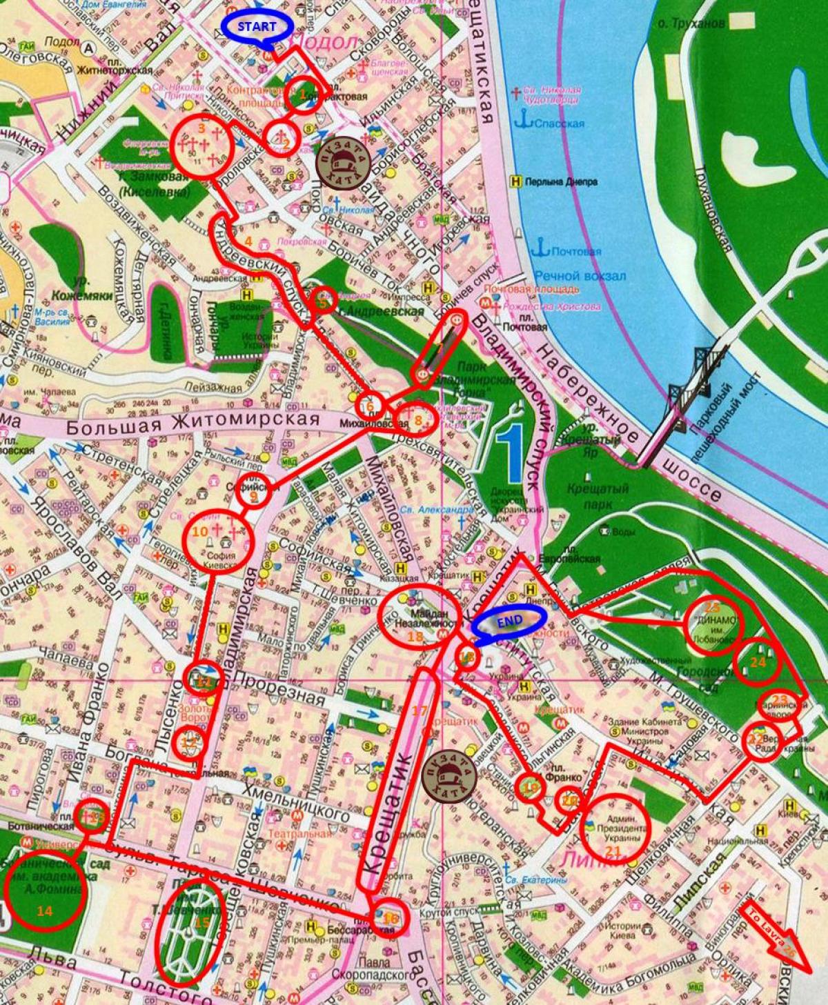 Mapa pieszych wycieczek po Kijowie